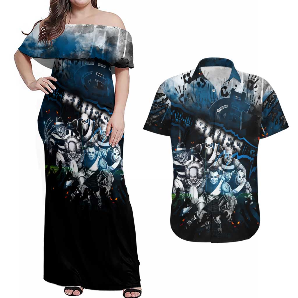 Step Into Horror Domain Blues Football Couples Matching Off Shoulder Maxi Dress and Hawaiian Shirt Halloween Horror Movie Characters - Aussie Hoodie