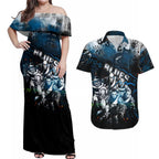 Step Into Horror Domain Blues Football Couples Matching Off Shoulder Maxi Dress and Hawaiian Shirt Halloween Horror Movie Characters - Aussie Hoodie