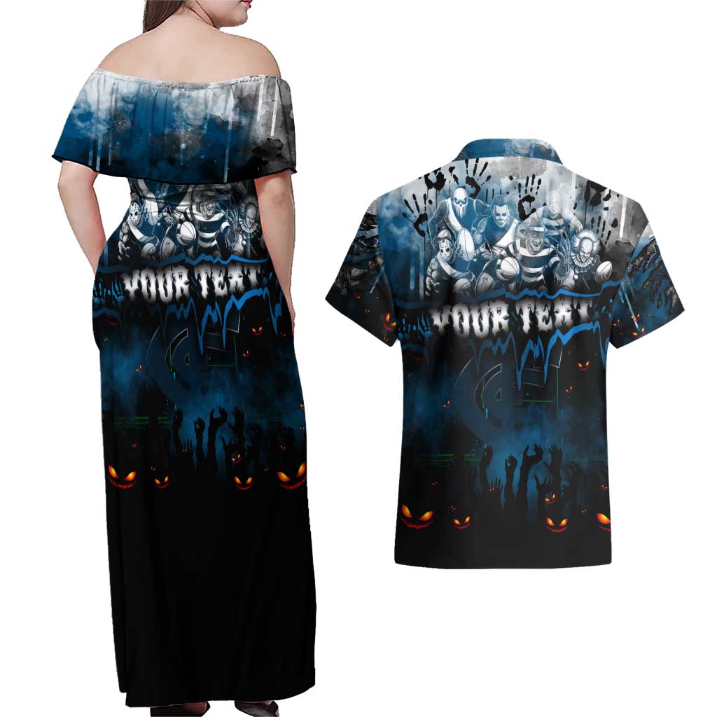 Step Into Horror Domain Blues Football Couples Matching Off Shoulder Maxi Dress and Hawaiian Shirt Halloween Horror Movie Characters - Aussie Hoodie