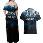 Step Into Horror Domain Blues Football Couples Matching Off Shoulder Maxi Dress and Hawaiian Shirt Halloween Horror Movie Characters - Aussie Hoodie