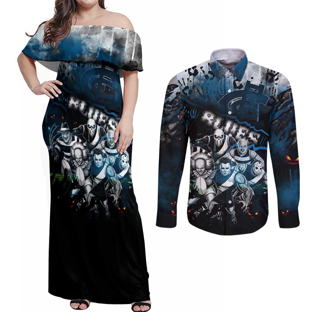 Step Into Horror Domain Blues Football Couples Matching Off Shoulder Maxi Dress and Long Sleeve Button Shirt Halloween Horror Movie Characters - Aussie Hoodie
