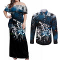 Step Into Horror Domain Blues Football Couples Matching Off Shoulder Maxi Dress and Long Sleeve Button Shirt Halloween Horror Movie Characters - Aussie Hoodie