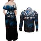 Step Into Horror Domain Blues Football Couples Matching Off Shoulder Maxi Dress and Long Sleeve Button Shirt Halloween Horror Movie Characters - Aussie Hoodie