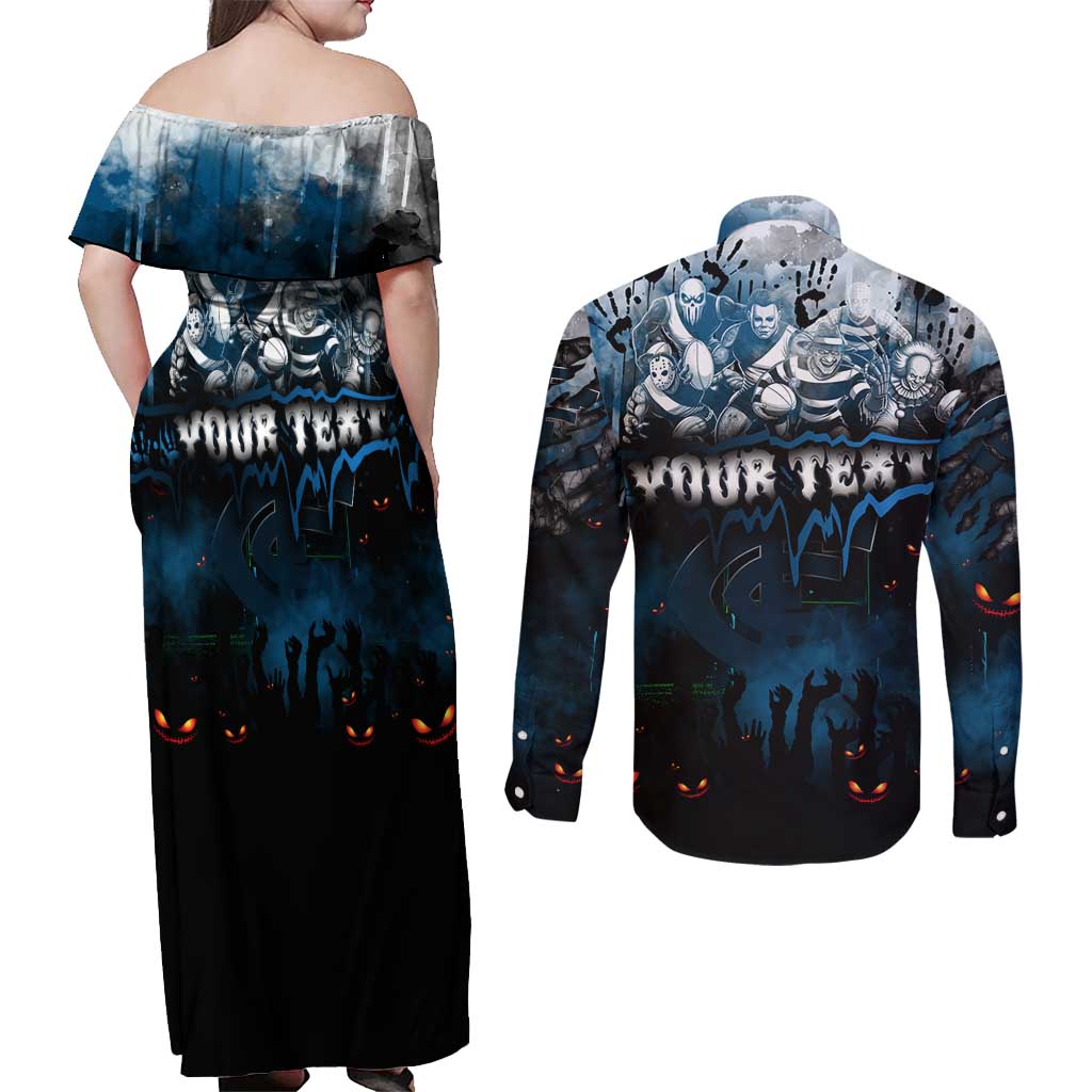 Step Into Horror Domain Blues Football Couples Matching Off Shoulder Maxi Dress and Long Sleeve Button Shirt Halloween Horror Movie Characters - Aussie Hoodie