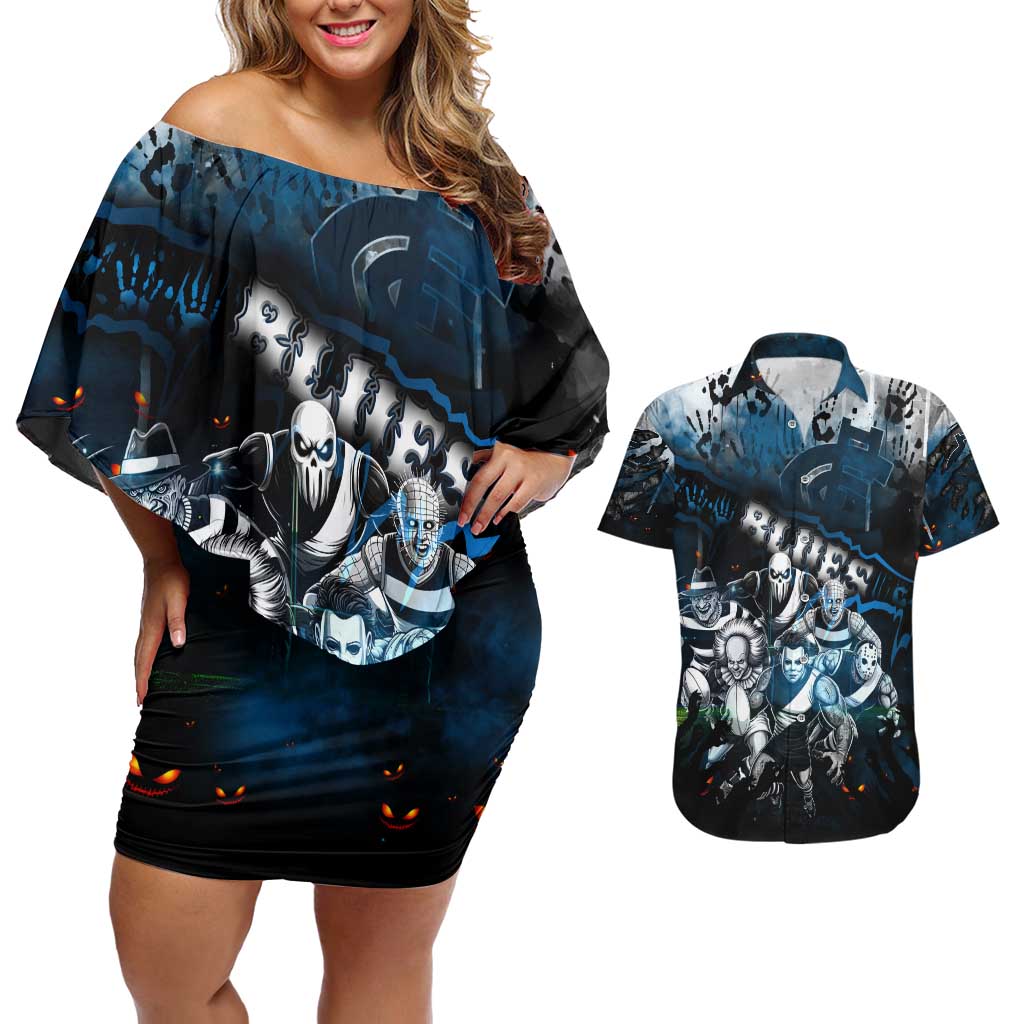 Step Into Horror Domain Blues Football Couples Matching Off Shoulder Short Dress and Hawaiian Shirt Halloween Horror Movie Characters - Aussie Hoodie