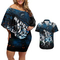 Step Into Horror Domain Blues Football Couples Matching Off Shoulder Short Dress and Hawaiian Shirt Halloween Horror Movie Characters - Aussie Hoodie