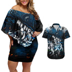 Step Into Horror Domain Blues Football Couples Matching Off Shoulder Short Dress and Hawaiian Shirt Halloween Horror Movie Characters - Aussie Hoodie