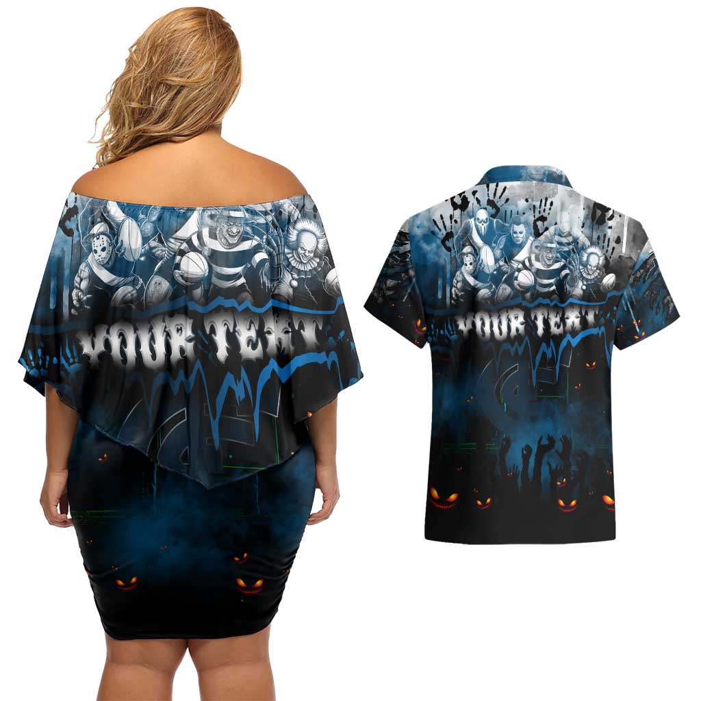 Step Into Horror Domain Blues Football Couples Matching Off Shoulder Short Dress and Hawaiian Shirt Halloween Horror Movie Characters - Aussie Hoodie