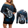 Step Into Horror Domain Blues Football Couples Matching Off Shoulder Short Dress and Long Sleeve Button Shirt Halloween Horror Movie Characters - Aussie Hoodie