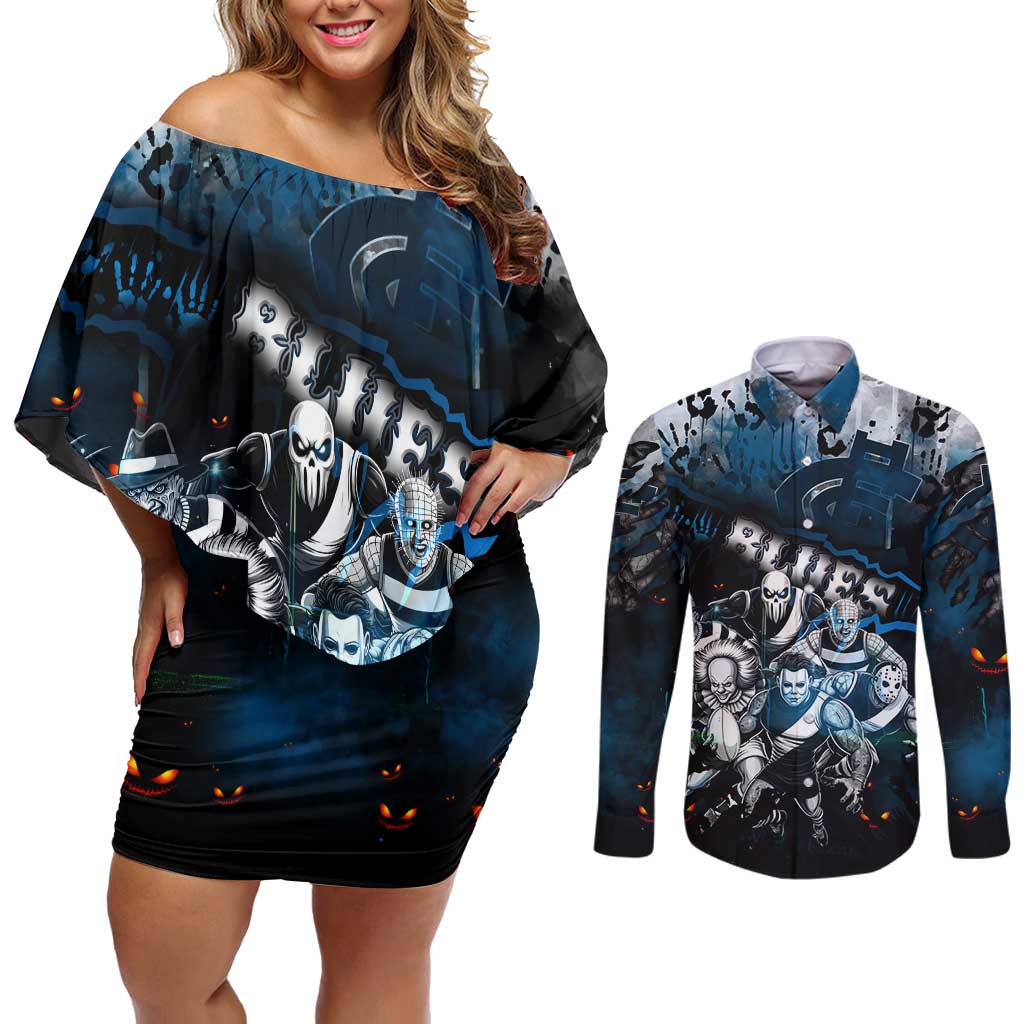 Step Into Horror Domain Blues Football Couples Matching Off Shoulder Short Dress and Long Sleeve Button Shirt Halloween Horror Movie Characters - Aussie Hoodie