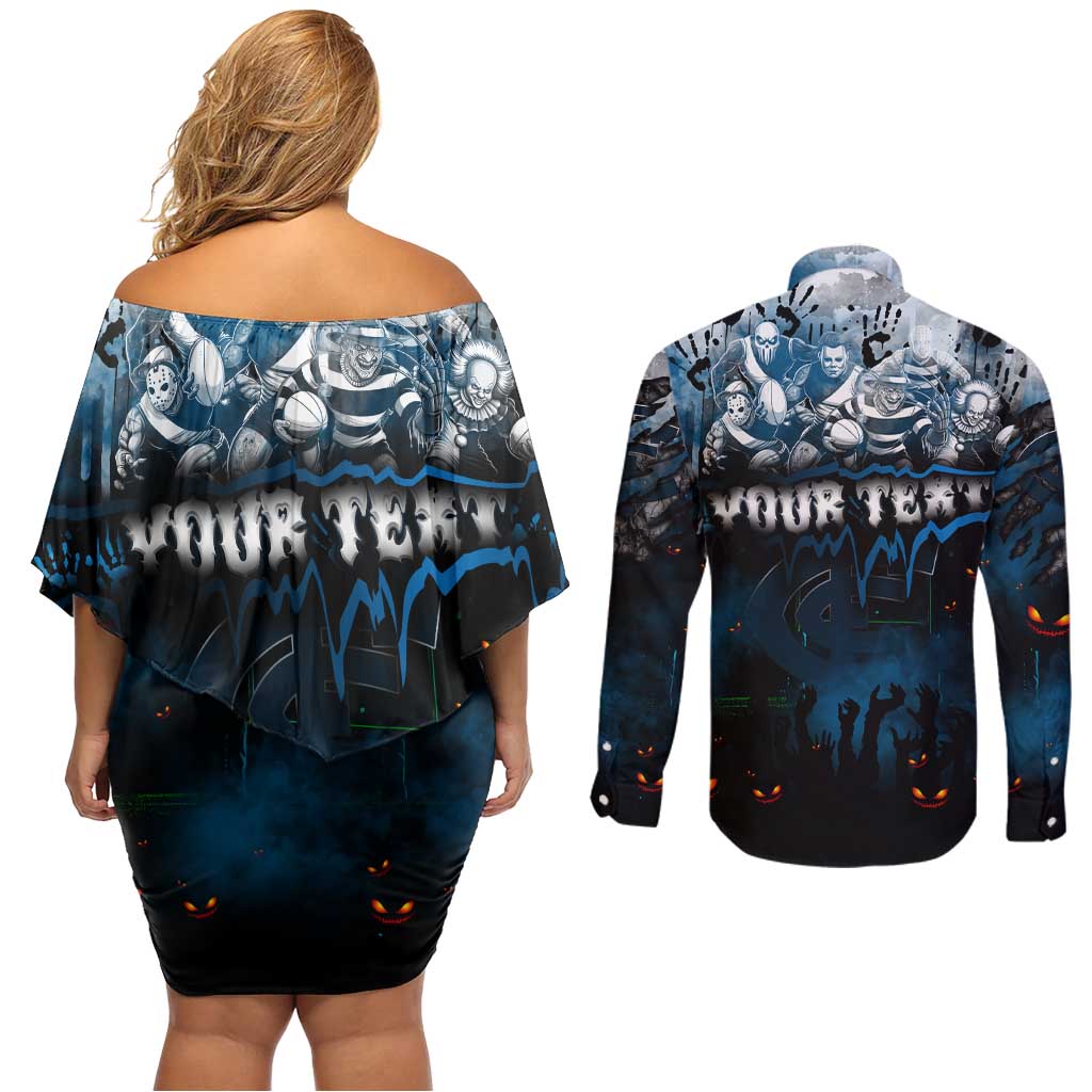 Step Into Horror Domain Blues Football Couples Matching Off Shoulder Short Dress and Long Sleeve Button Shirt Halloween Horror Movie Characters - Aussie Hoodie