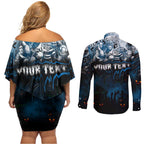 Step Into Horror Domain Blues Football Couples Matching Off Shoulder Short Dress and Long Sleeve Button Shirt Halloween Horror Movie Characters - Aussie Hoodie