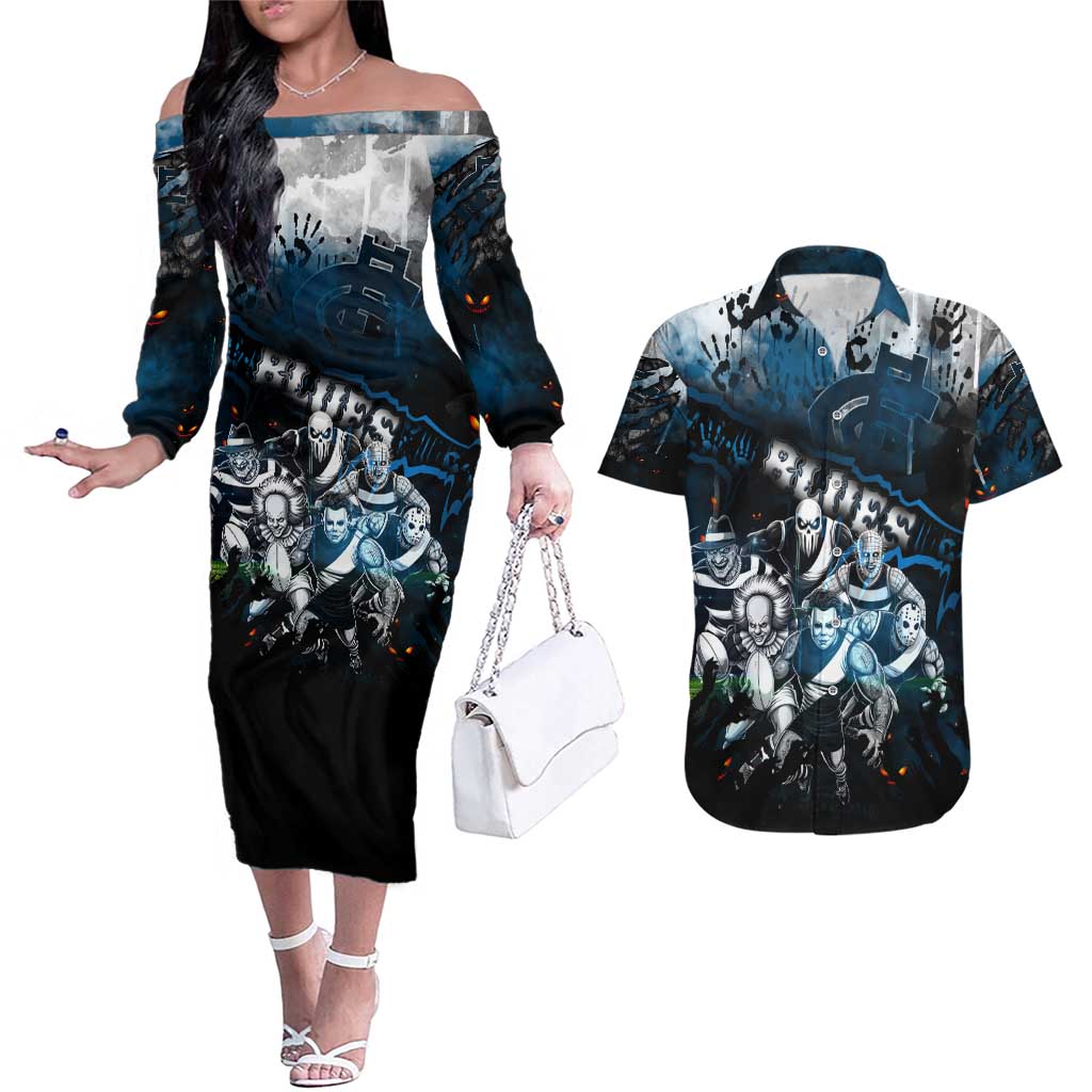 Step Into Horror Domain Blues Football Couples Matching Off The Shoulder Long Sleeve Dress and Hawaiian Shirt Halloween Horror Movie Characters - Aussie Hoodie