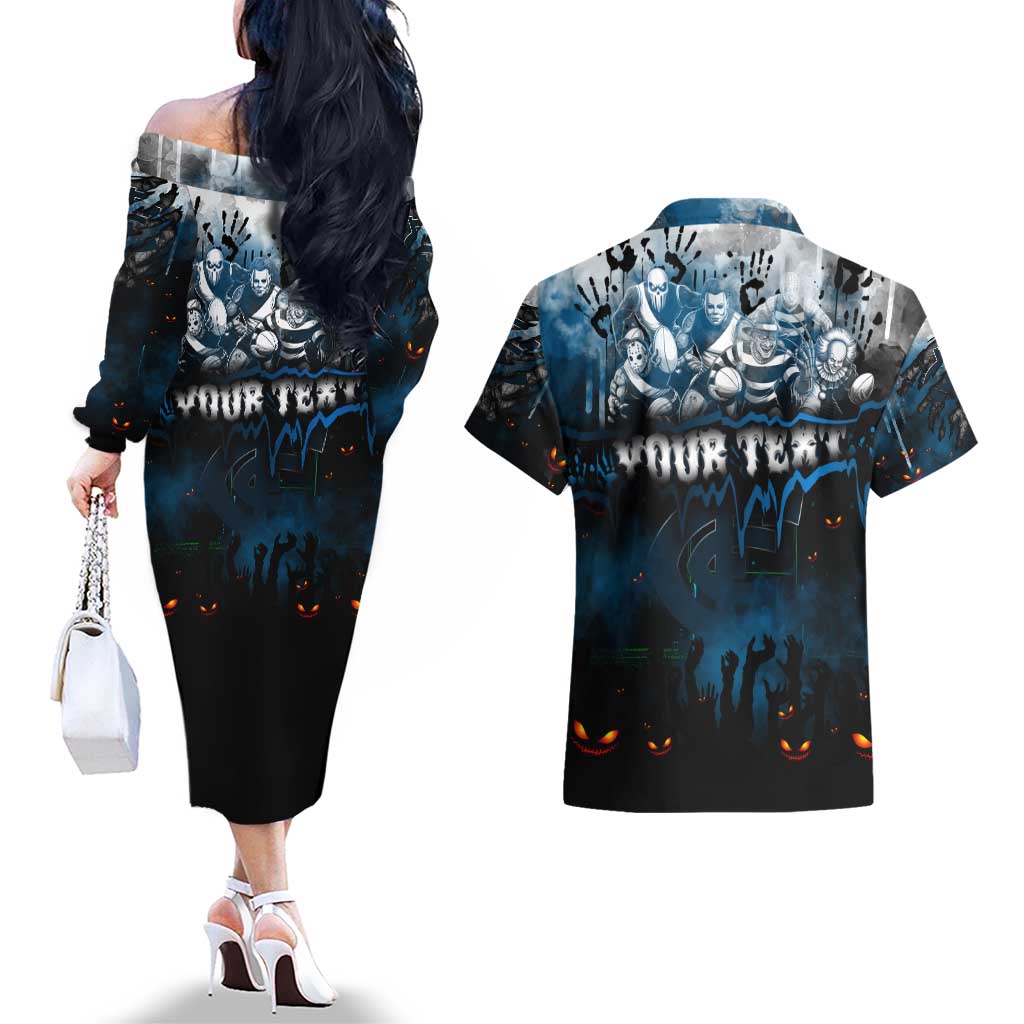 Step Into Horror Domain Blues Football Couples Matching Off The Shoulder Long Sleeve Dress and Hawaiian Shirt Halloween Horror Movie Characters - Aussie Hoodie