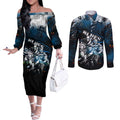 Step Into Horror Domain Blues Football Couples Matching Off The Shoulder Long Sleeve Dress and Long Sleeve Button Shirt Halloween Horror Movie Characters - Aussie Hoodie