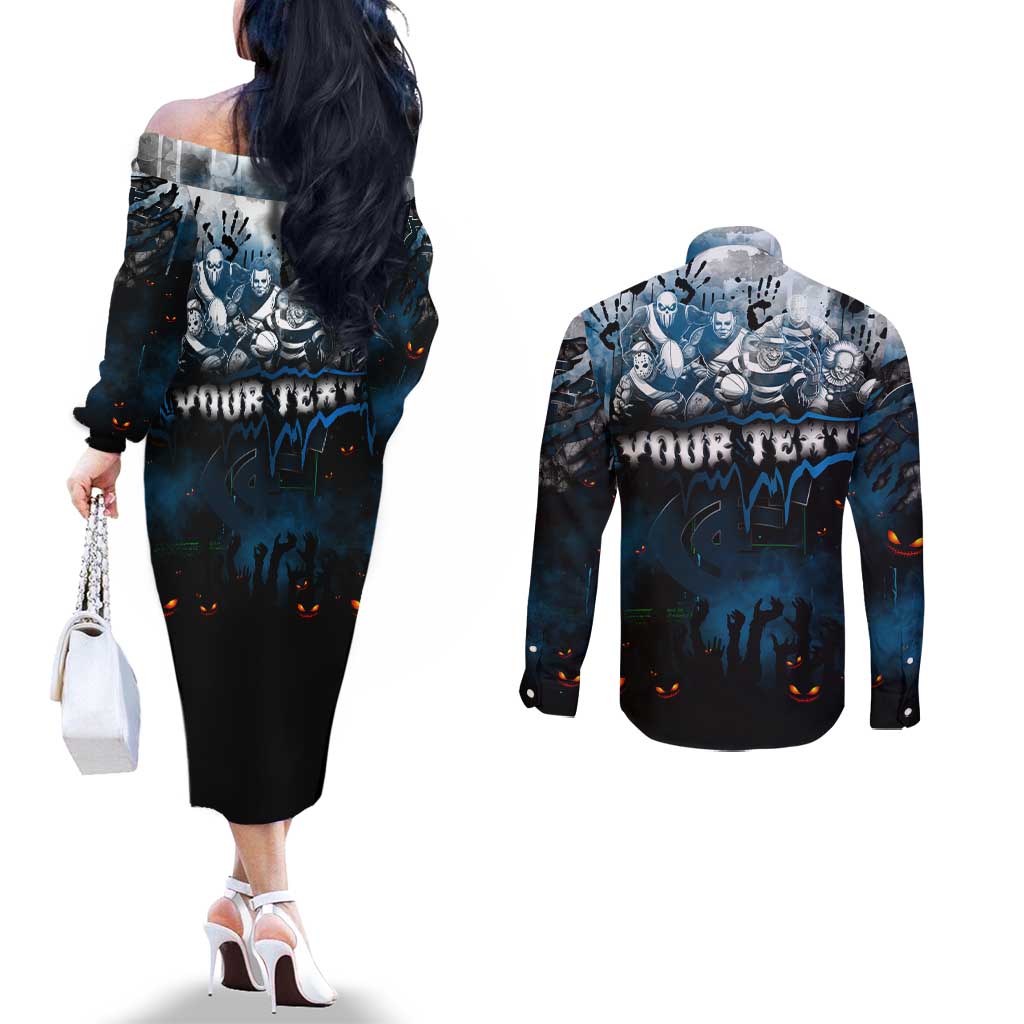 Step Into Horror Domain Blues Football Couples Matching Off The Shoulder Long Sleeve Dress and Long Sleeve Button Shirt Halloween Horror Movie Characters - Aussie Hoodie