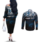 Step Into Horror Domain Blues Football Couples Matching Off The Shoulder Long Sleeve Dress and Long Sleeve Button Shirt Halloween Horror Movie Characters - Aussie Hoodie