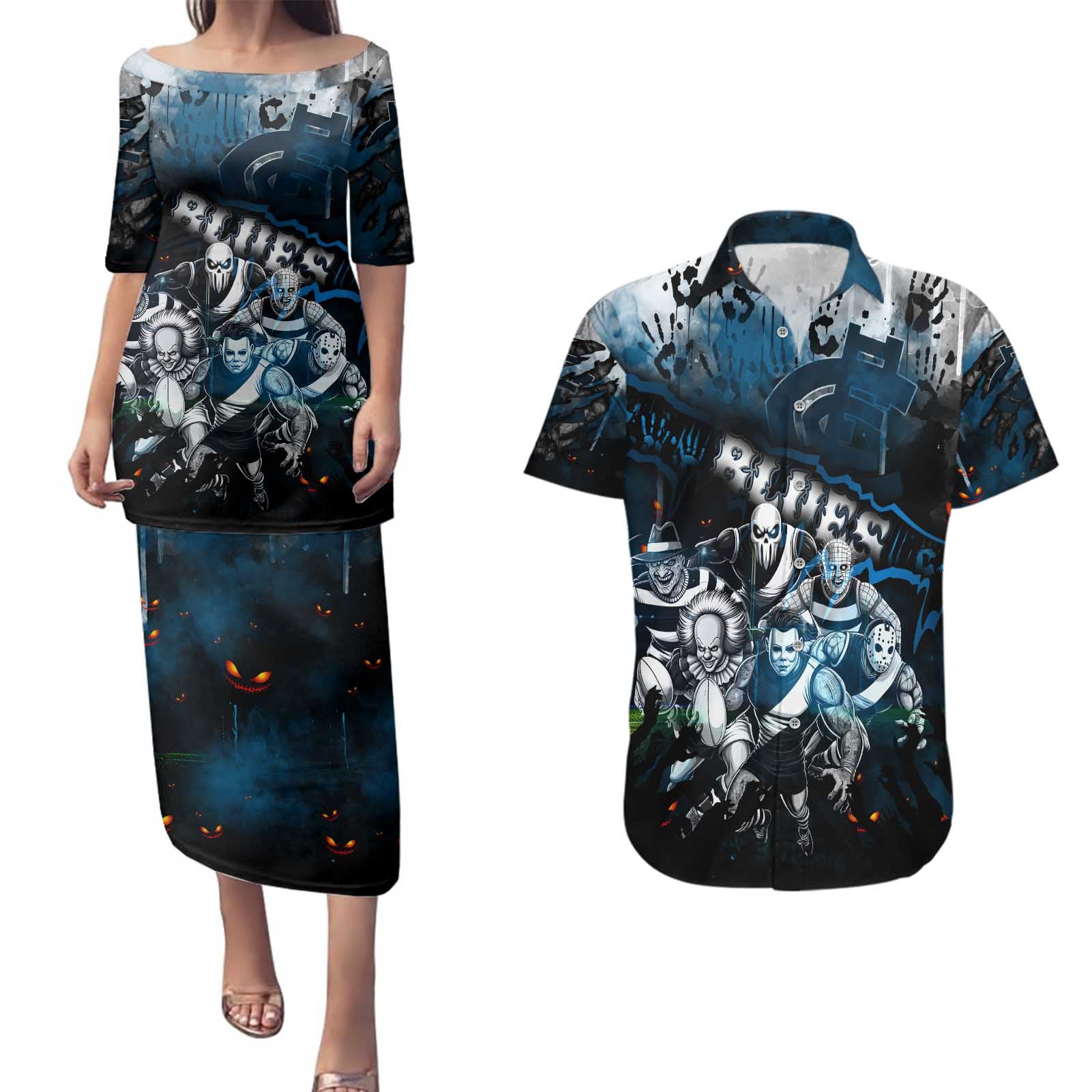 Step Into Horror Domain Blues Football Couples Matching Puletasi and Hawaiian Shirt Halloween Horror Movie Characters - Aussie Hoodie