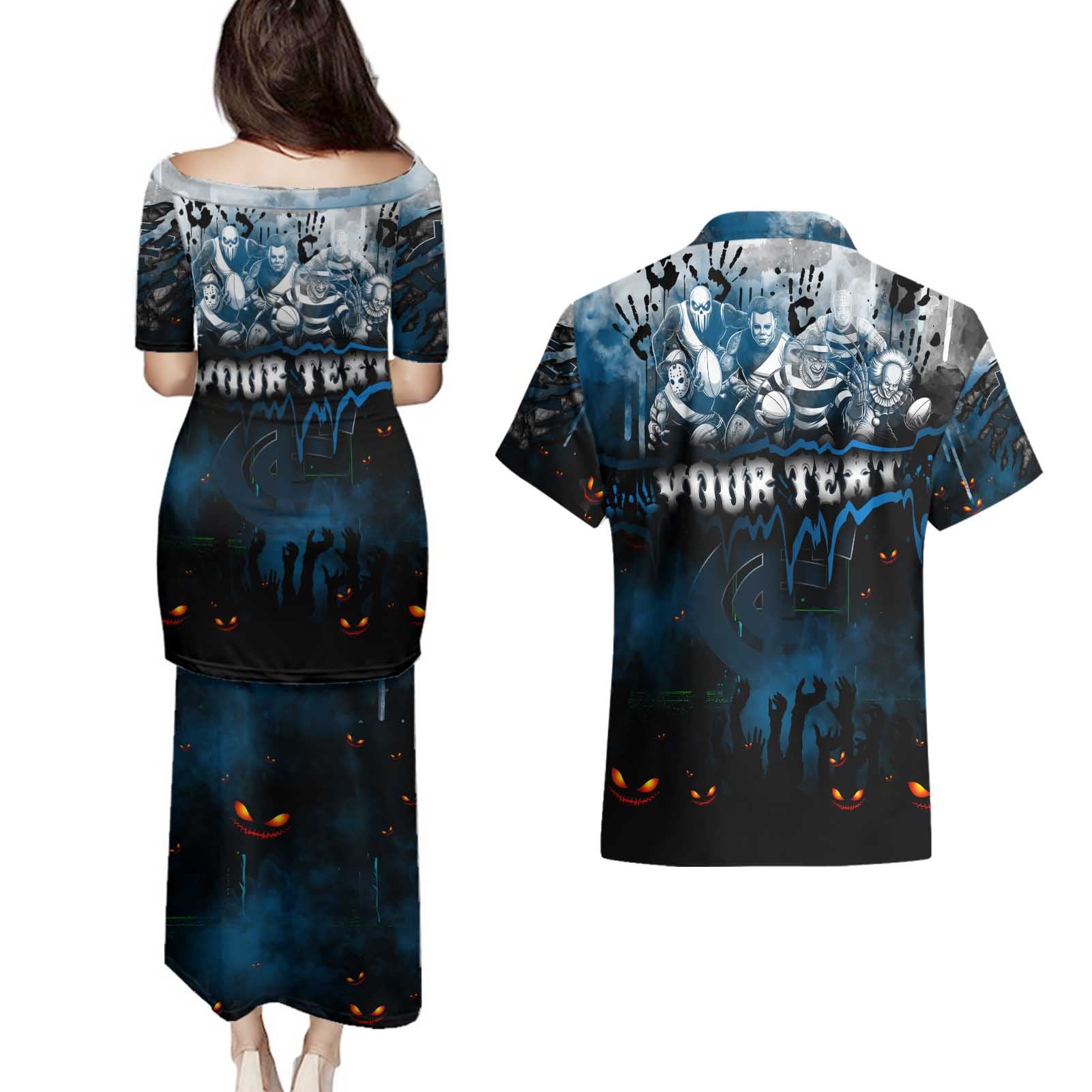 Step Into Horror Domain Blues Football Couples Matching Puletasi and Hawaiian Shirt Halloween Horror Movie Characters - Aussie Hoodie
