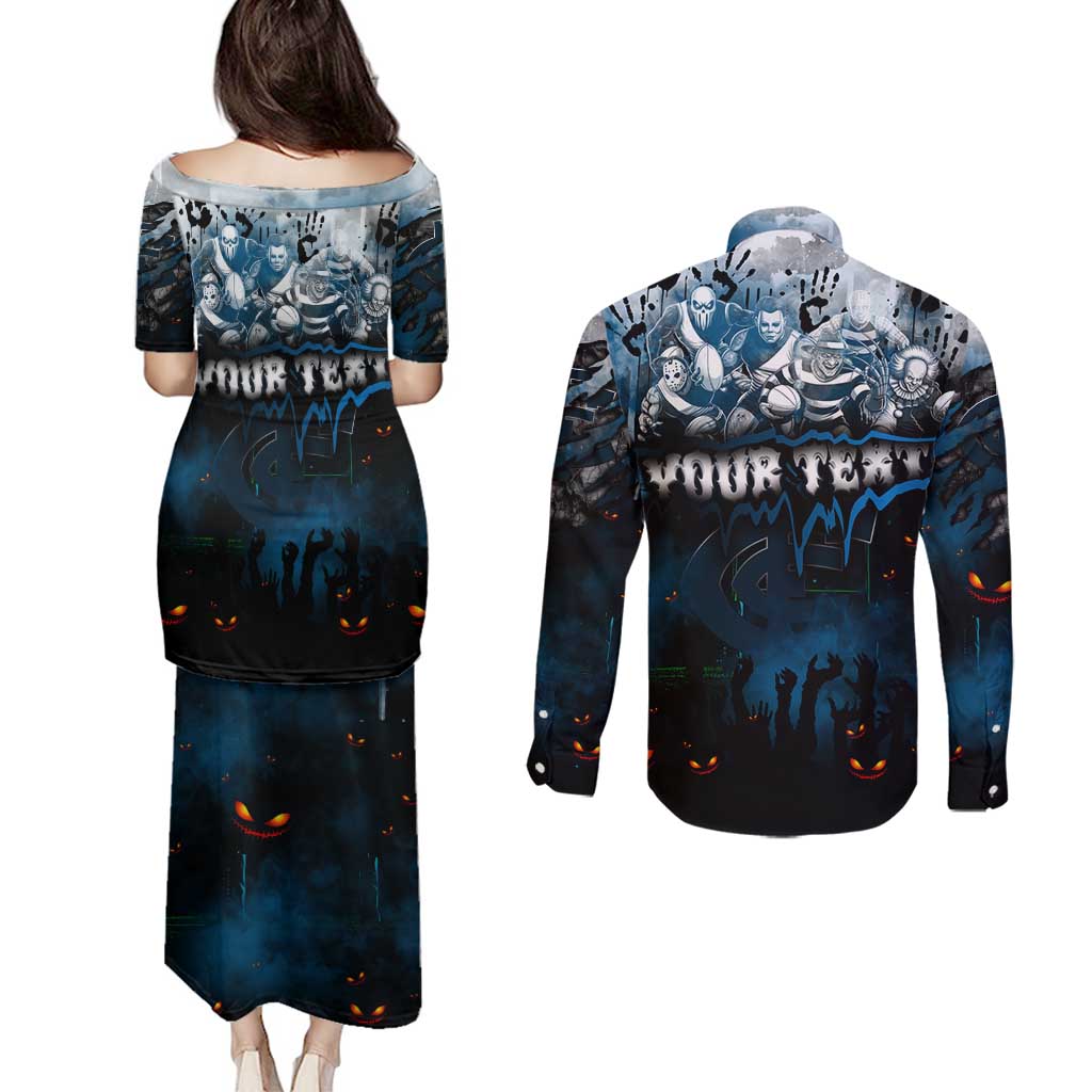 Step Into Horror Domain Blues Football Couples Matching Puletasi and Long Sleeve Button Shirt Halloween Horror Movie Characters - Aussie Hoodie