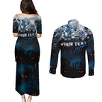 Step Into Horror Domain Blues Football Couples Matching Puletasi and Long Sleeve Button Shirt Halloween Horror Movie Characters - Aussie Hoodie