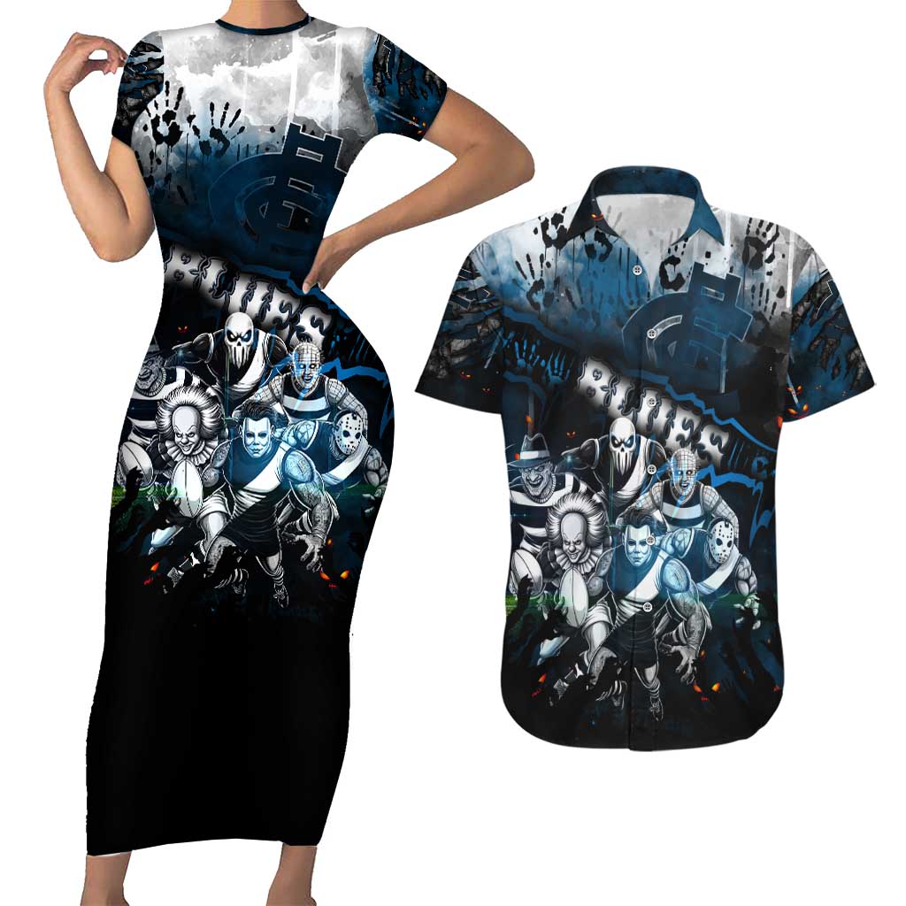 Step Into Horror Domain Blues Football Couples Matching Short Sleeve Bodycon Dress and Hawaiian Shirt Halloween Horror Movie Characters - Aussie Hoodie