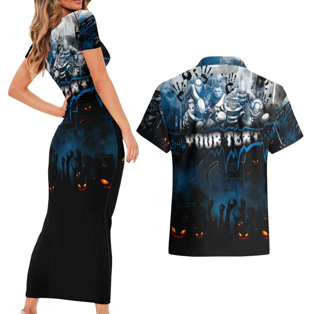 Step Into Horror Domain Blues Football Couples Matching Short Sleeve Bodycon Dress and Hawaiian Shirt Halloween Horror Movie Characters - Aussie Hoodie