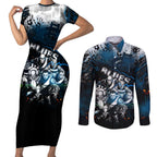Step Into Horror Domain Blues Football Couples Matching Short Sleeve Bodycon Dress and Long Sleeve Button Shirt Halloween Horror Movie Characters - Aussie Hoodie