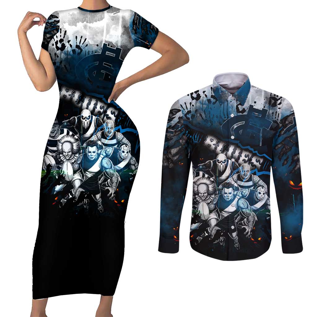 Step Into Horror Domain Blues Football Couples Matching Short Sleeve Bodycon Dress and Long Sleeve Button Shirt Halloween Horror Movie Characters - Aussie Hoodie