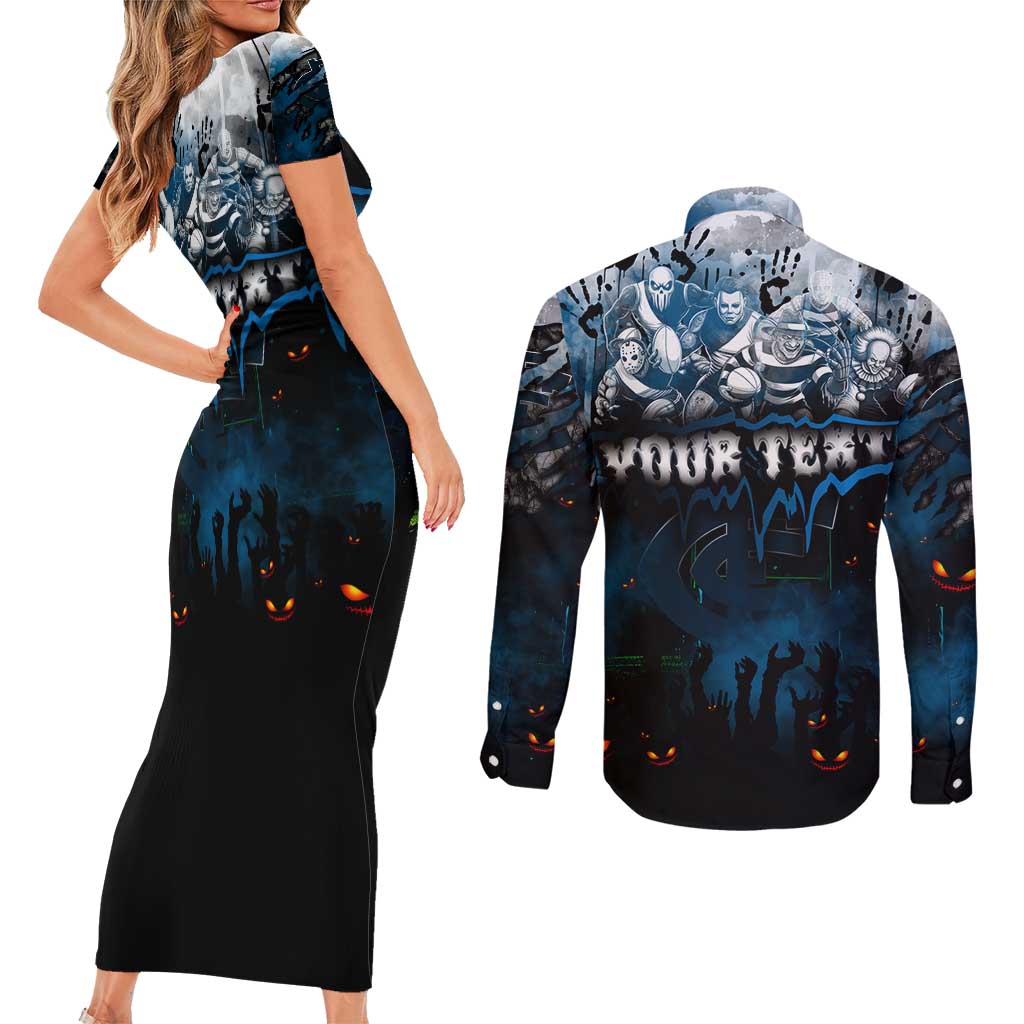 Step Into Horror Domain Blues Football Couples Matching Short Sleeve Bodycon Dress and Long Sleeve Button Shirt Halloween Horror Movie Characters - Aussie Hoodie