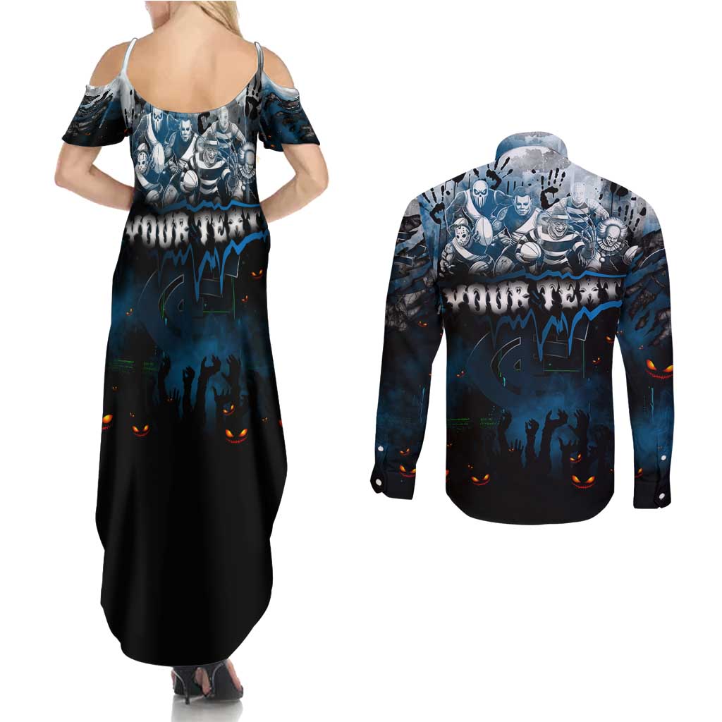 Step Into Horror Domain Blues Football Couples Matching Summer Maxi Dress and Long Sleeve Button Shirt Halloween Horror Movie Characters - Aussie Hoodie