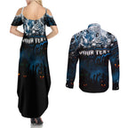 Step Into Horror Domain Blues Football Couples Matching Summer Maxi Dress and Long Sleeve Button Shirt Halloween Horror Movie Characters - Aussie Hoodie