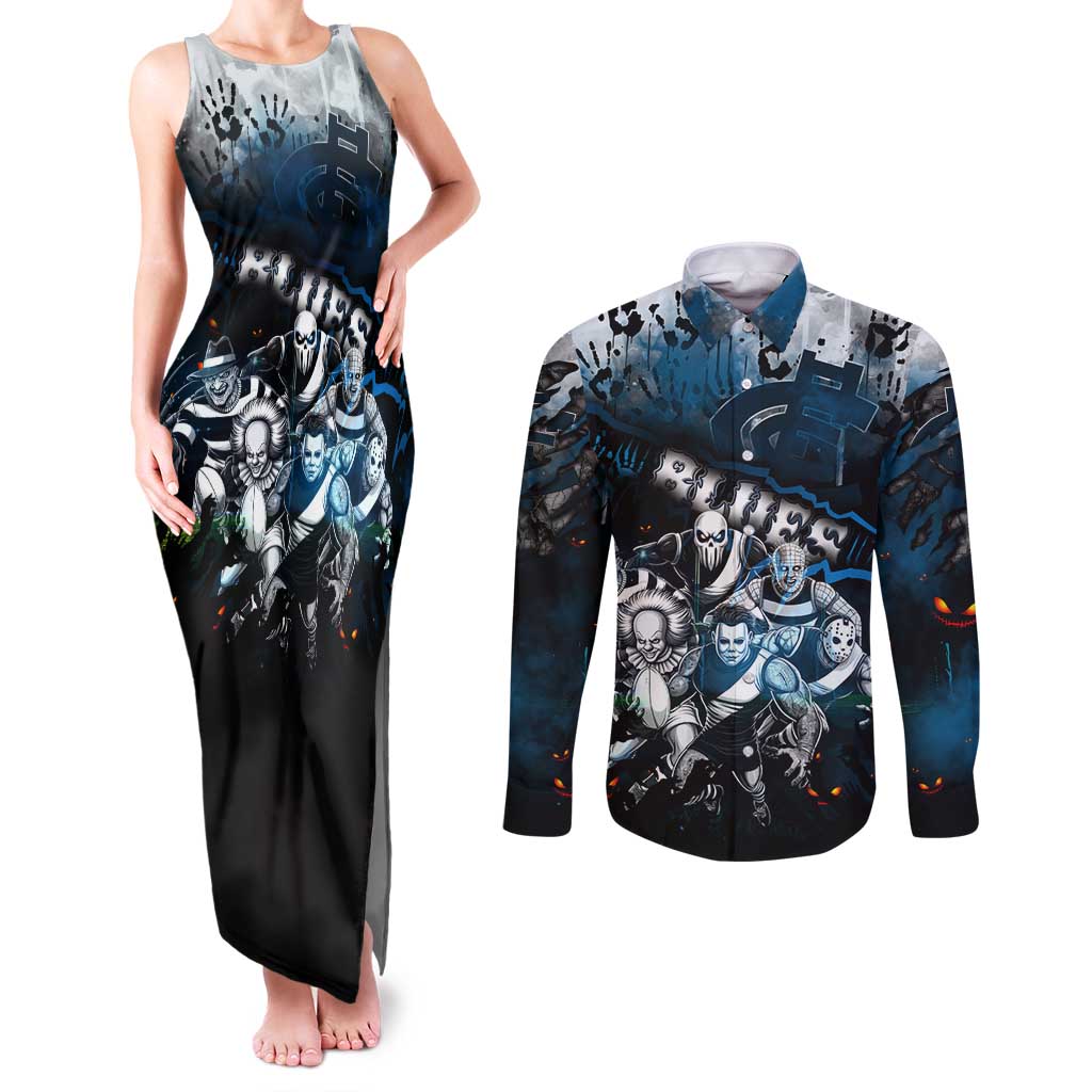 Step Into Horror Domain Blues Football Couples Matching Tank Maxi Dress and Long Sleeve Button Shirt Halloween Horror Movie Characters - Aussie Hoodie