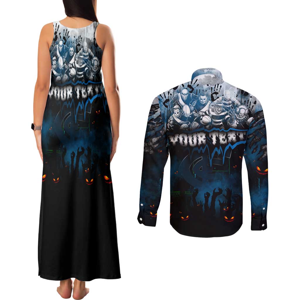 Step Into Horror Domain Blues Football Couples Matching Tank Maxi Dress and Long Sleeve Button Shirt Halloween Horror Movie Characters - Aussie Hoodie
