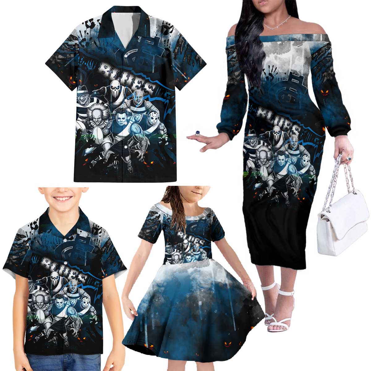 Step Into Horror Domain Blues Football Family Matching Off The Shoulder Long Sleeve Dress and Hawaiian Shirt Halloween Horror Movie Characters - Aussie Hoodie