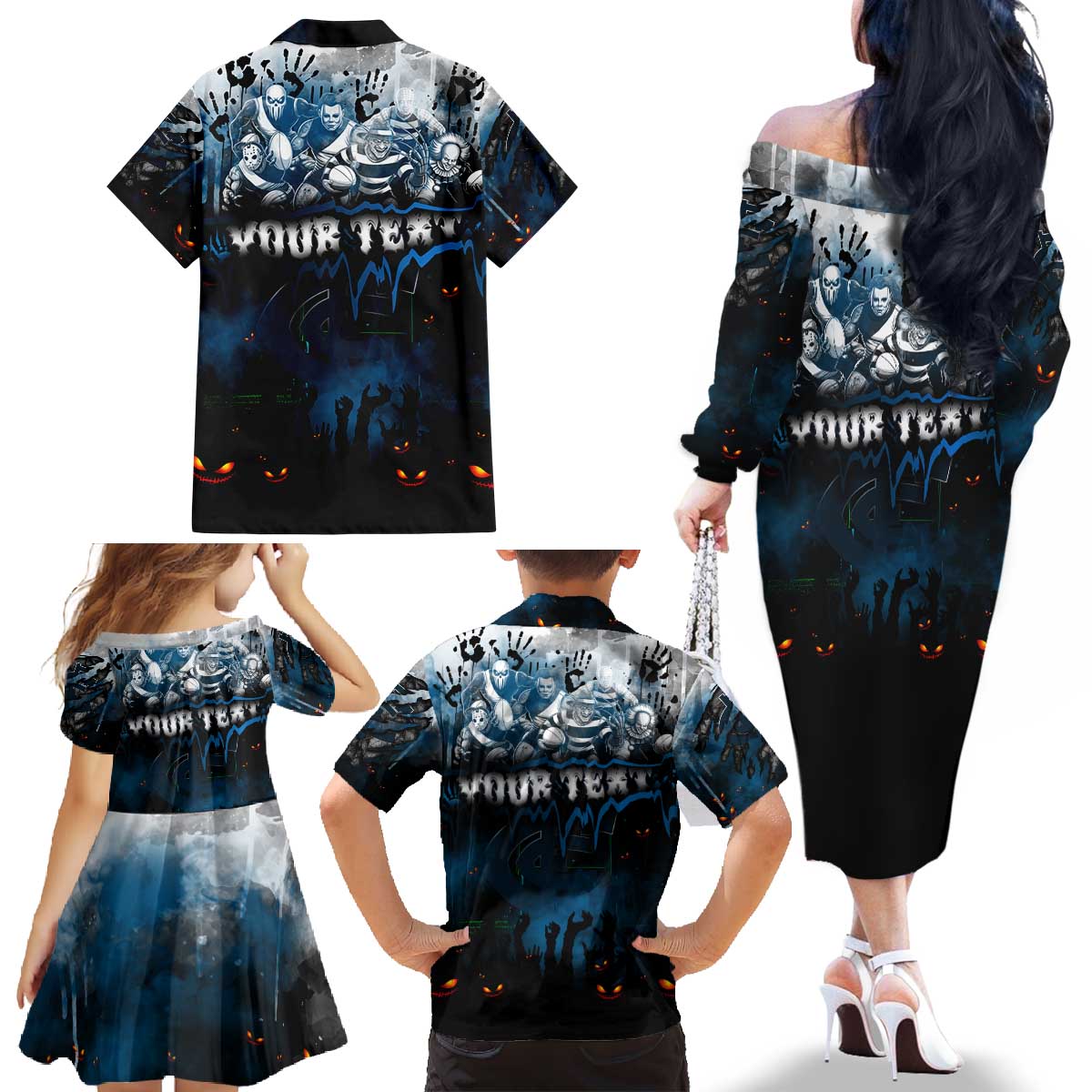 Step Into Horror Domain Blues Football Family Matching Off The Shoulder Long Sleeve Dress and Hawaiian Shirt Halloween Horror Movie Characters - Aussie Hoodie