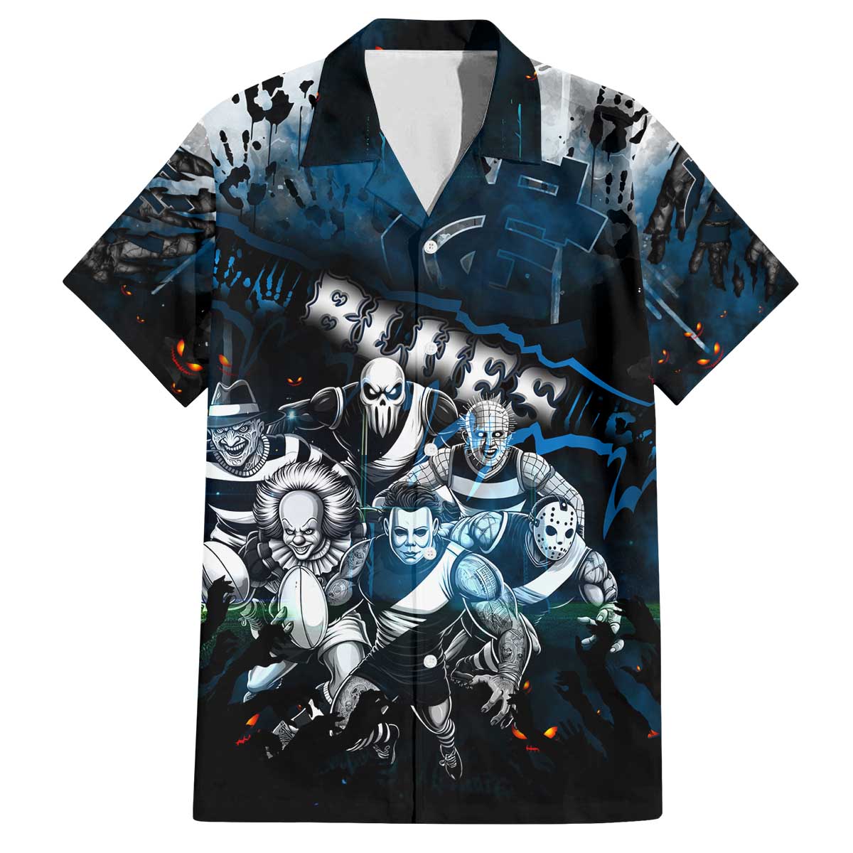 Step Into Horror Domain Blues Football Family Matching Off The Shoulder Long Sleeve Dress and Hawaiian Shirt Halloween Horror Movie Characters - Aussie Hoodie