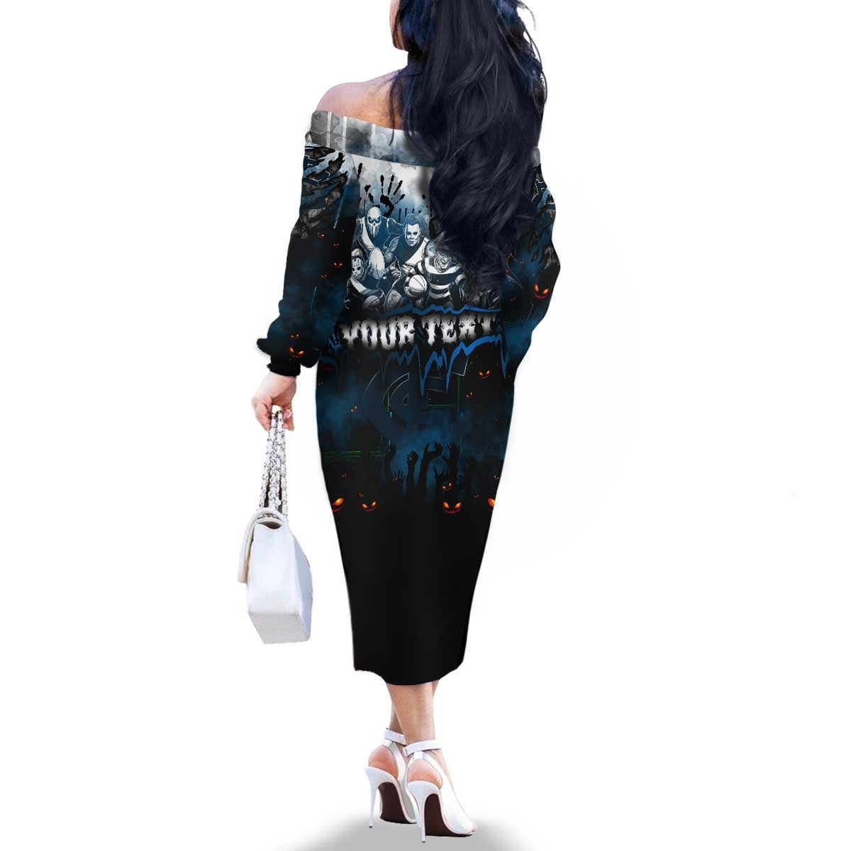 Step Into Horror Domain Blues Football Family Matching Off The Shoulder Long Sleeve Dress and Hawaiian Shirt Halloween Horror Movie Characters - Aussie Hoodie