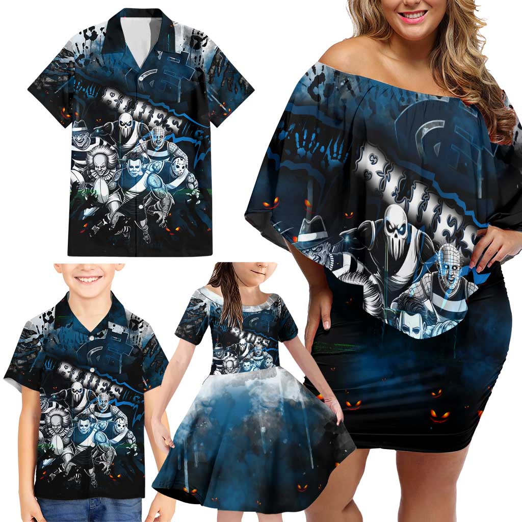 Step Into Horror Domain Blues Football Family Matching Off Shoulder Short Dress and Hawaiian Shirt Halloween Horror Movie Characters - Aussie Hoodie