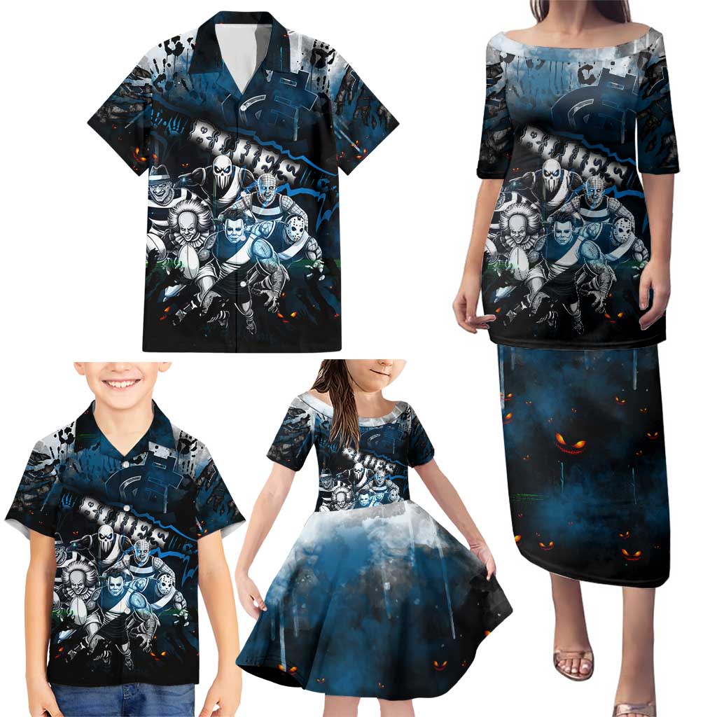 Step Into Horror Domain Blues Football Family Matching Puletasi and Hawaiian Shirt Halloween Horror Movie Characters - Aussie Hoodie