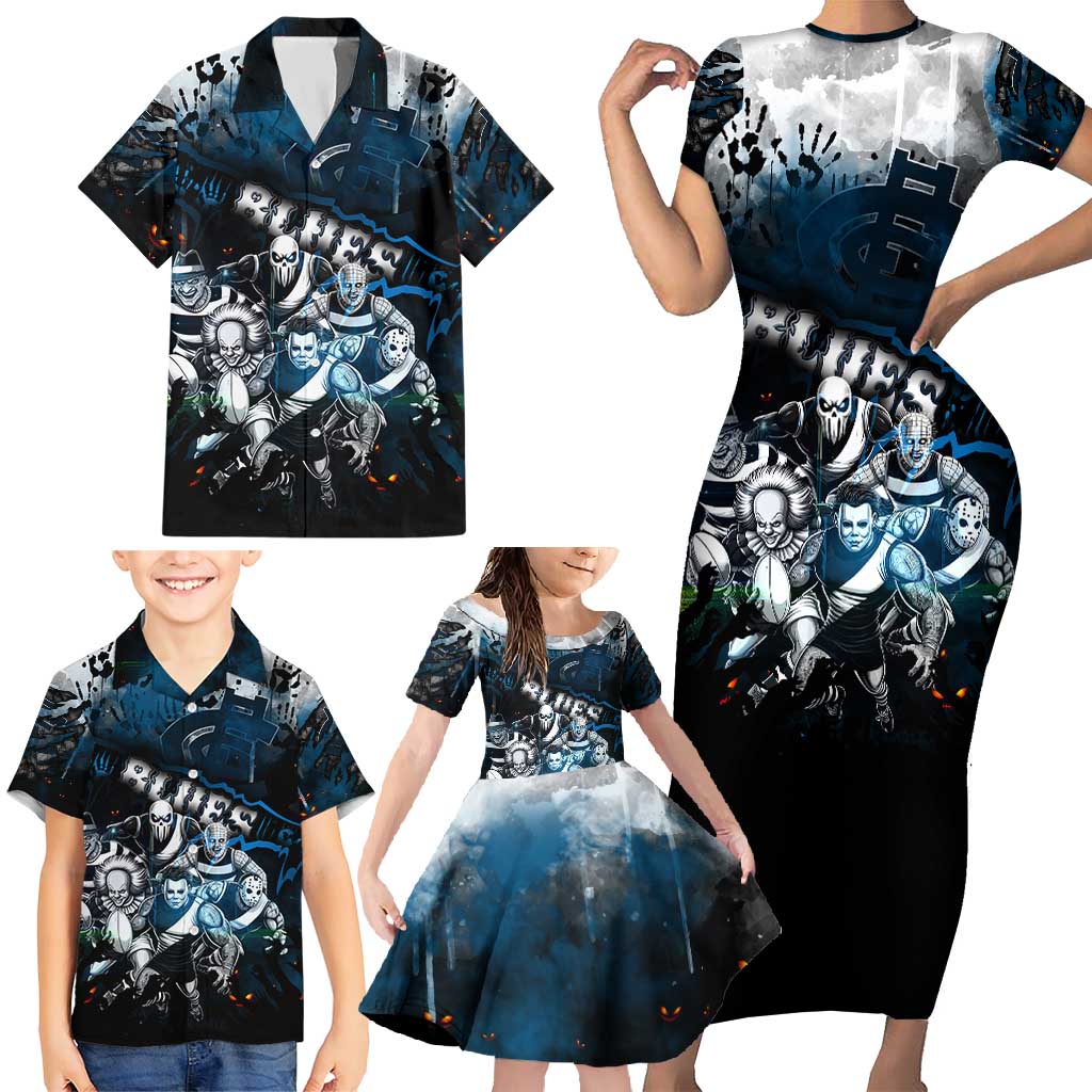 Step Into Horror Domain Blues Football Family Matching Short Sleeve Bodycon Dress and Hawaiian Shirt Halloween Horror Movie Characters - Aussie Hoodie