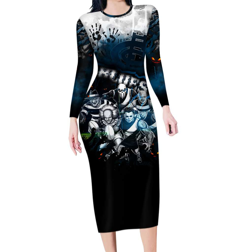 Step Into Horror Domain Blues Football Long Sleeve Bodycon Dress Halloween Horror Movie Characters - Aussie Hoodie