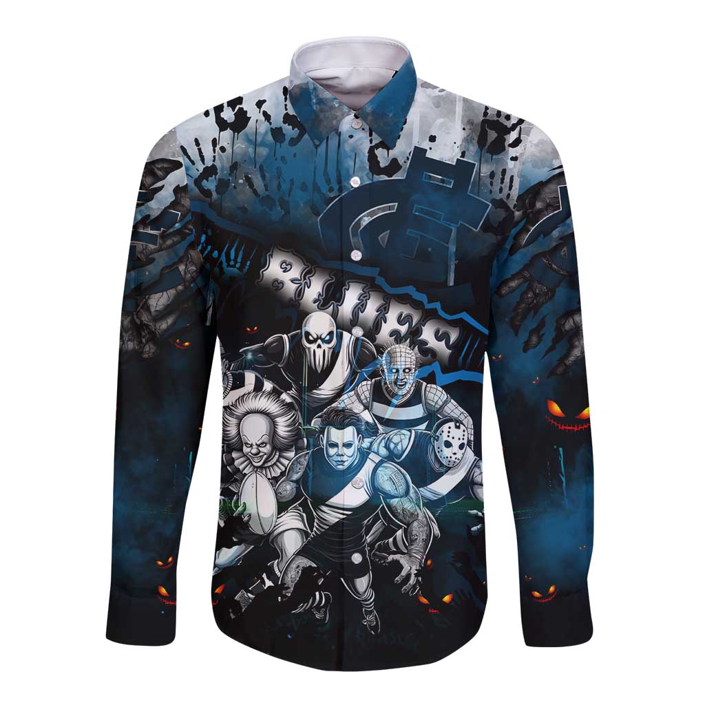 Step Into Horror Domain Blues Football Long Sleeve Button Shirt Halloween Horror Movie Characters - Aussie Hoodie