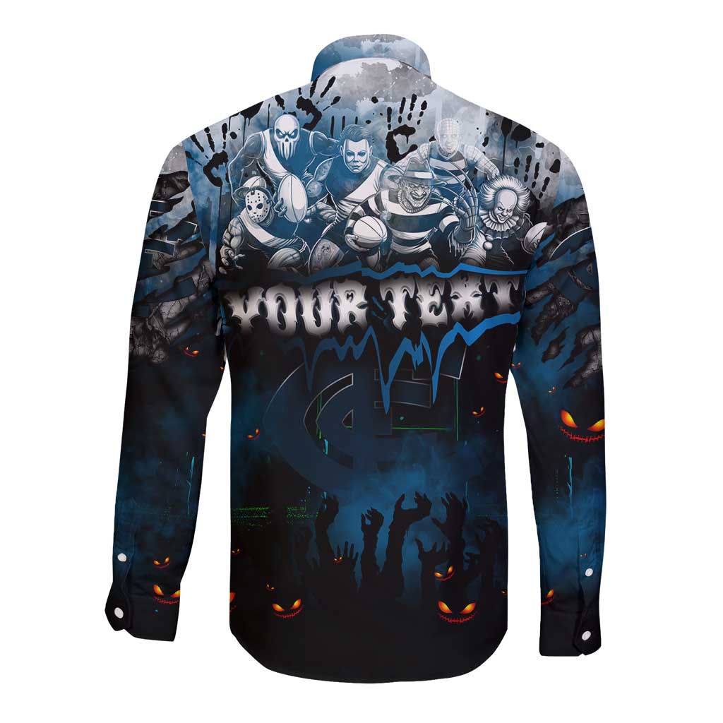 Step Into Horror Domain Blues Football Long Sleeve Button Shirt Halloween Horror Movie Characters - Aussie Hoodie