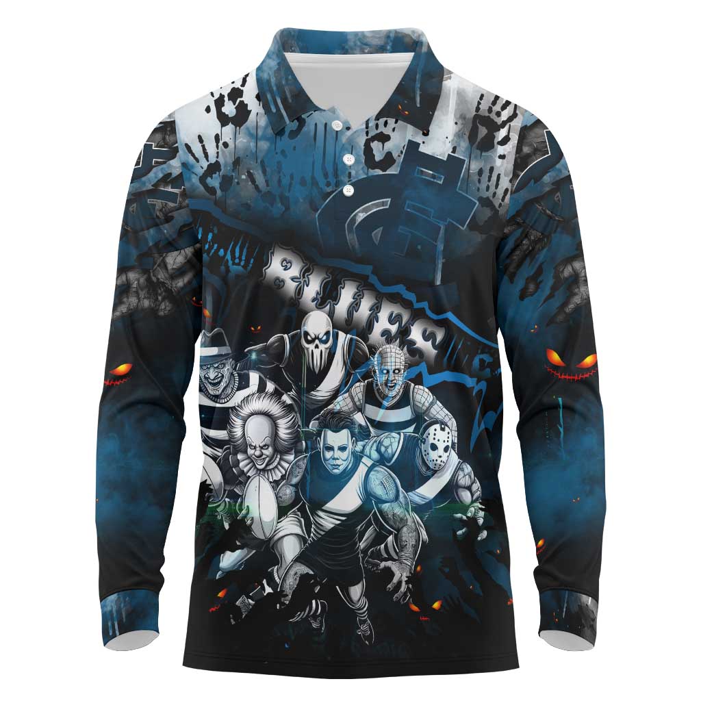 Step Into Horror Domain Blues Football Long Sleeve Polo Shirt Halloween Horror Movie Characters - Aussie Hoodie