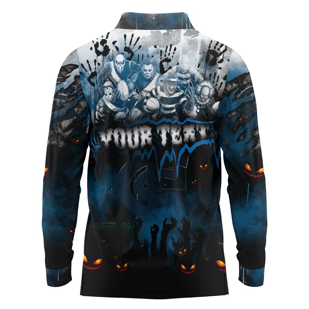 Step Into Horror Domain Blues Football Long Sleeve Polo Shirt Halloween Horror Movie Characters - Aussie Hoodie