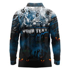 Step Into Horror Domain Blues Football Long Sleeve Polo Shirt Halloween Horror Movie Characters - Aussie Hoodie