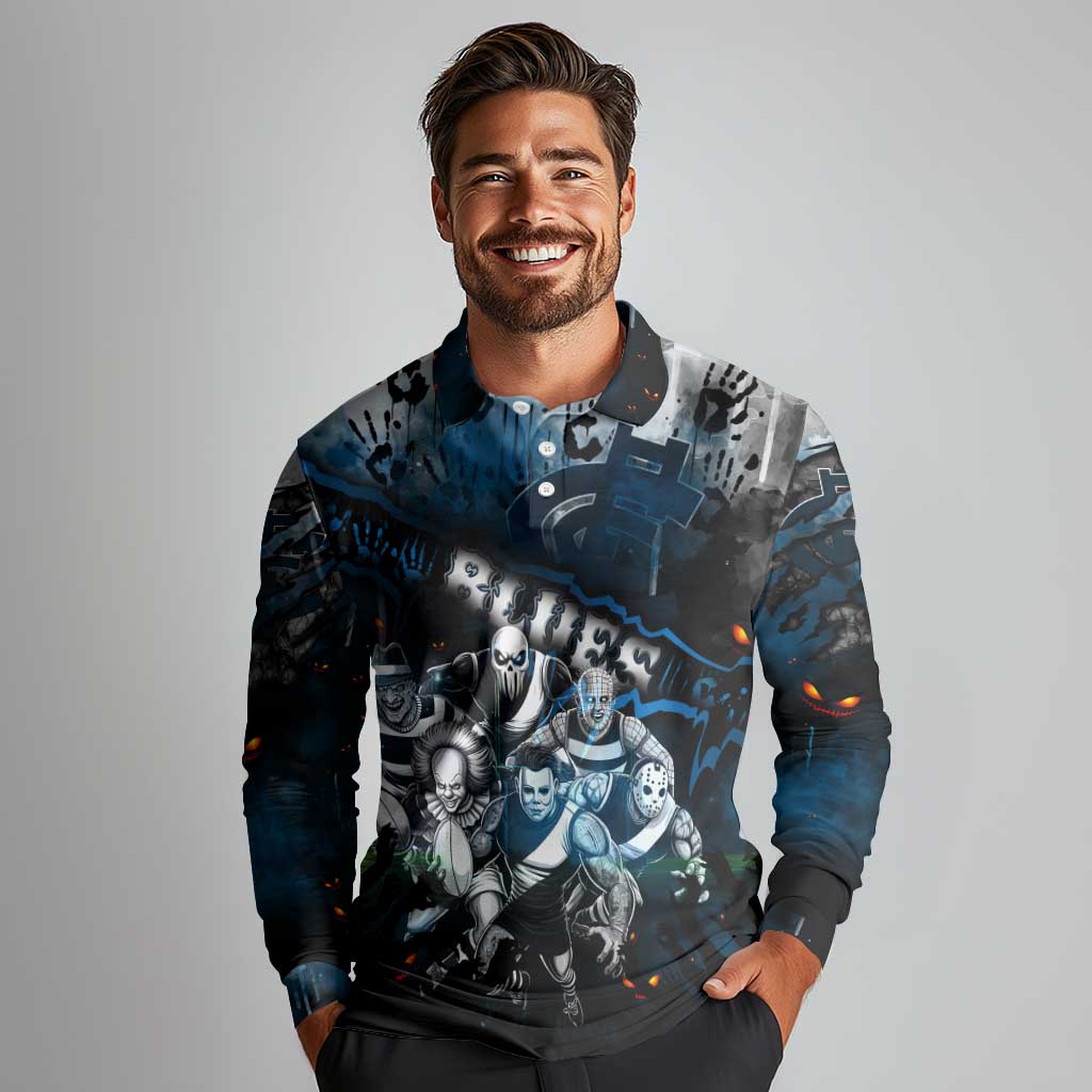 Step Into Horror Domain Blues Football Long Sleeve Polo Shirt Halloween Horror Movie Characters - Aussie Hoodie