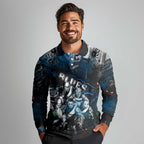 Step Into Horror Domain Blues Football Long Sleeve Polo Shirt Halloween Horror Movie Characters - Aussie Hoodie