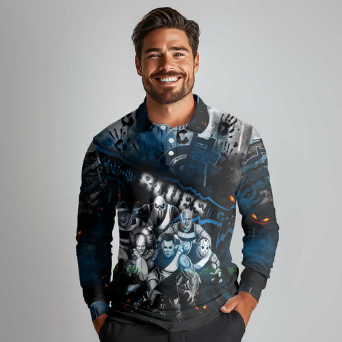 Step Into Horror Domain Blues Football Long Sleeve Polo Shirt Halloween Horror Movie Characters - Aussie Hoodie